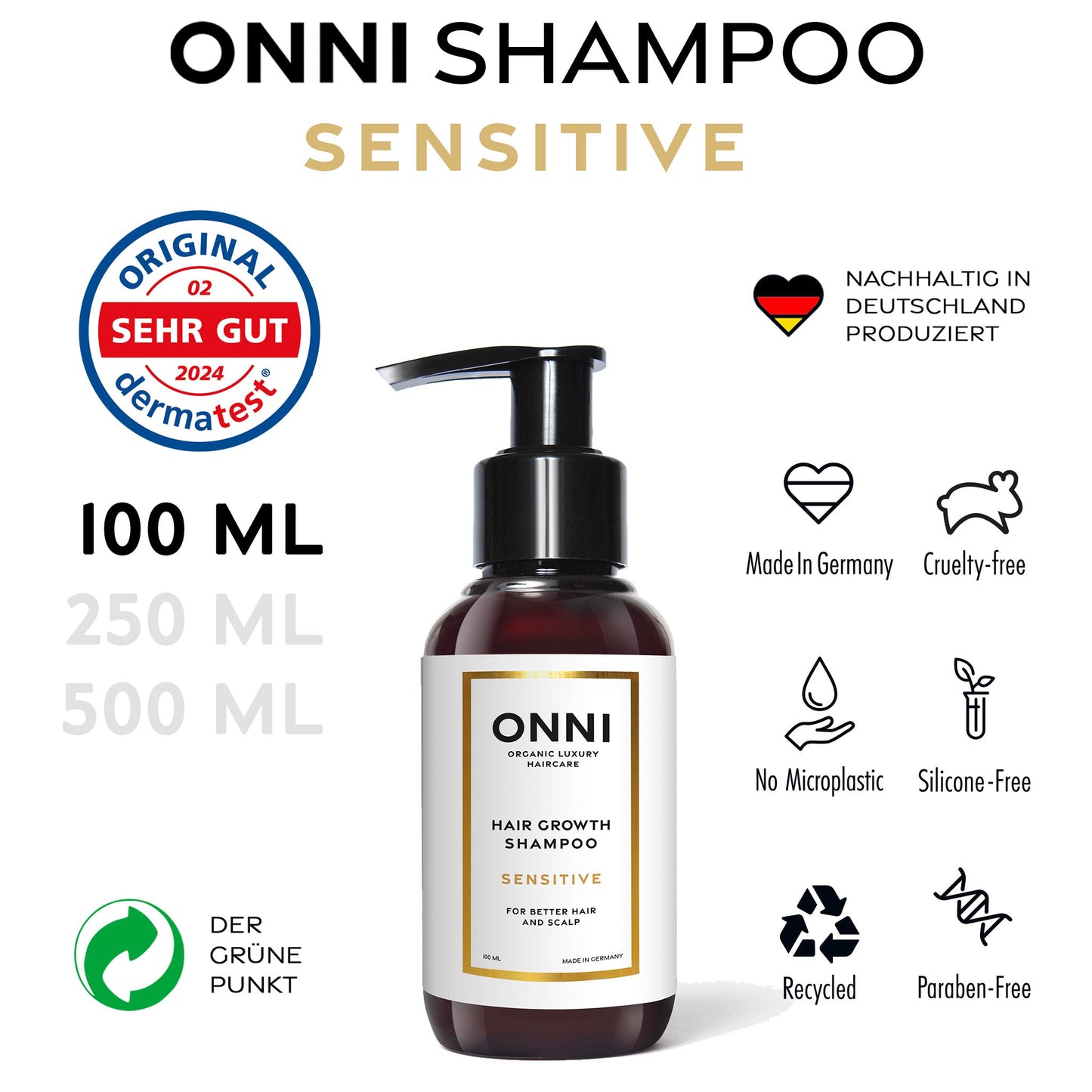 ONNI Sensitive Hair Growth Shampoo 100 ml bottle, cruelty-free, made in Germany, paraben-free, for sensitive scalps.