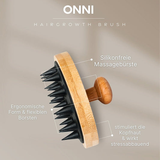 ONNI Hair Growth Brush with ergonomic bamboo handle and silicone-free bristles for scalp stimulation.