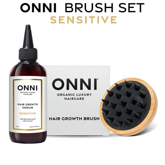 ONNI Brush Set featuring Sensitive Hair Growth Serum and bamboo brush for healthy hair and scalp stimulation.