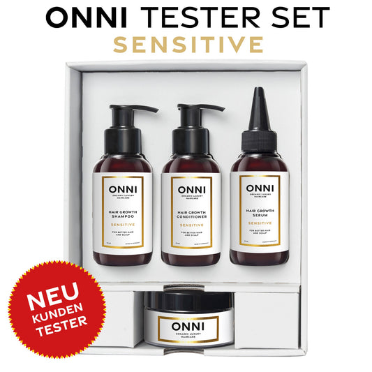 ONNI Sensitive Tester-Set for delicate hair and scalp, includes shampoo, conditioner, and serum for healthy hair growth.