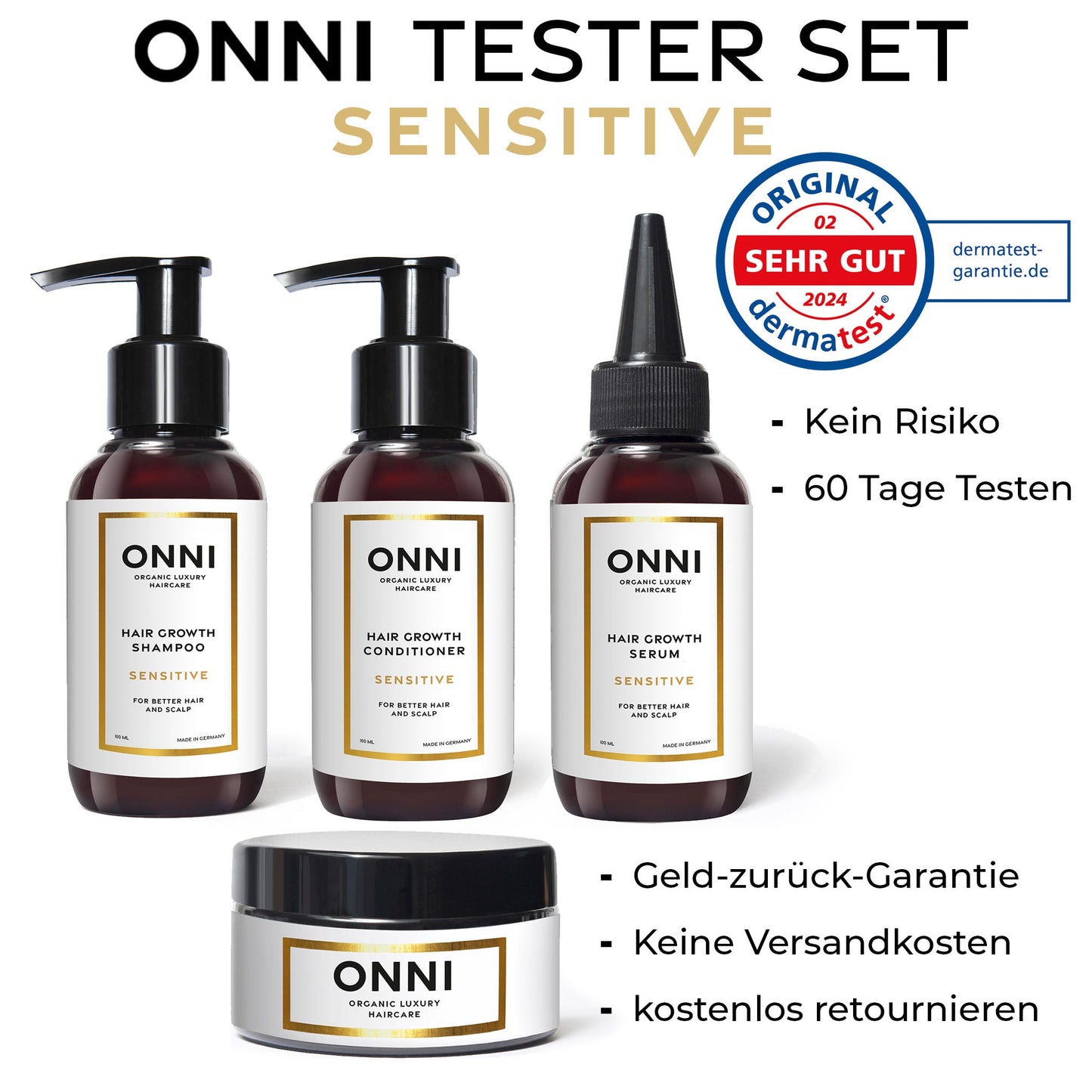 ONNI Tester Set Sensitive for sensitive hair with shampoo, conditioner, serum, and mask, featuring a money-back guarantee.