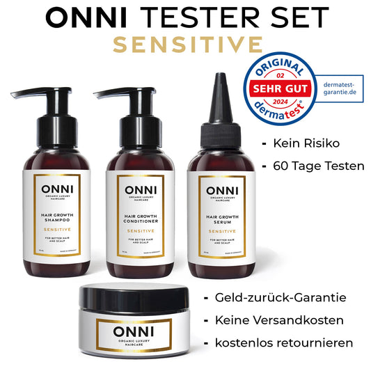 ONNI Tester Set Sensitive for sensitive hair with shampoo, conditioner, serum, and mask, featuring a money-back guarantee.