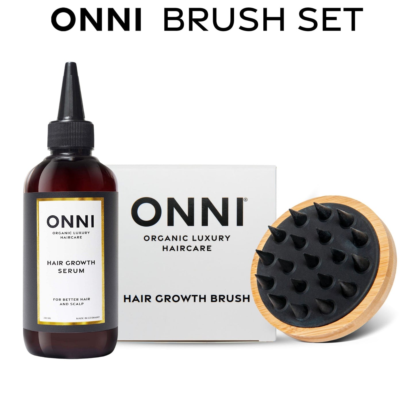 ONNI Brush Set featuring organic hair growth serum and bamboo scalp massage brush for healthy hair stimulation.