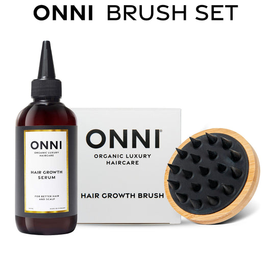 ONNI Brush Set featuring organic hair growth serum and bamboo scalp massage brush for healthy hair stimulation.