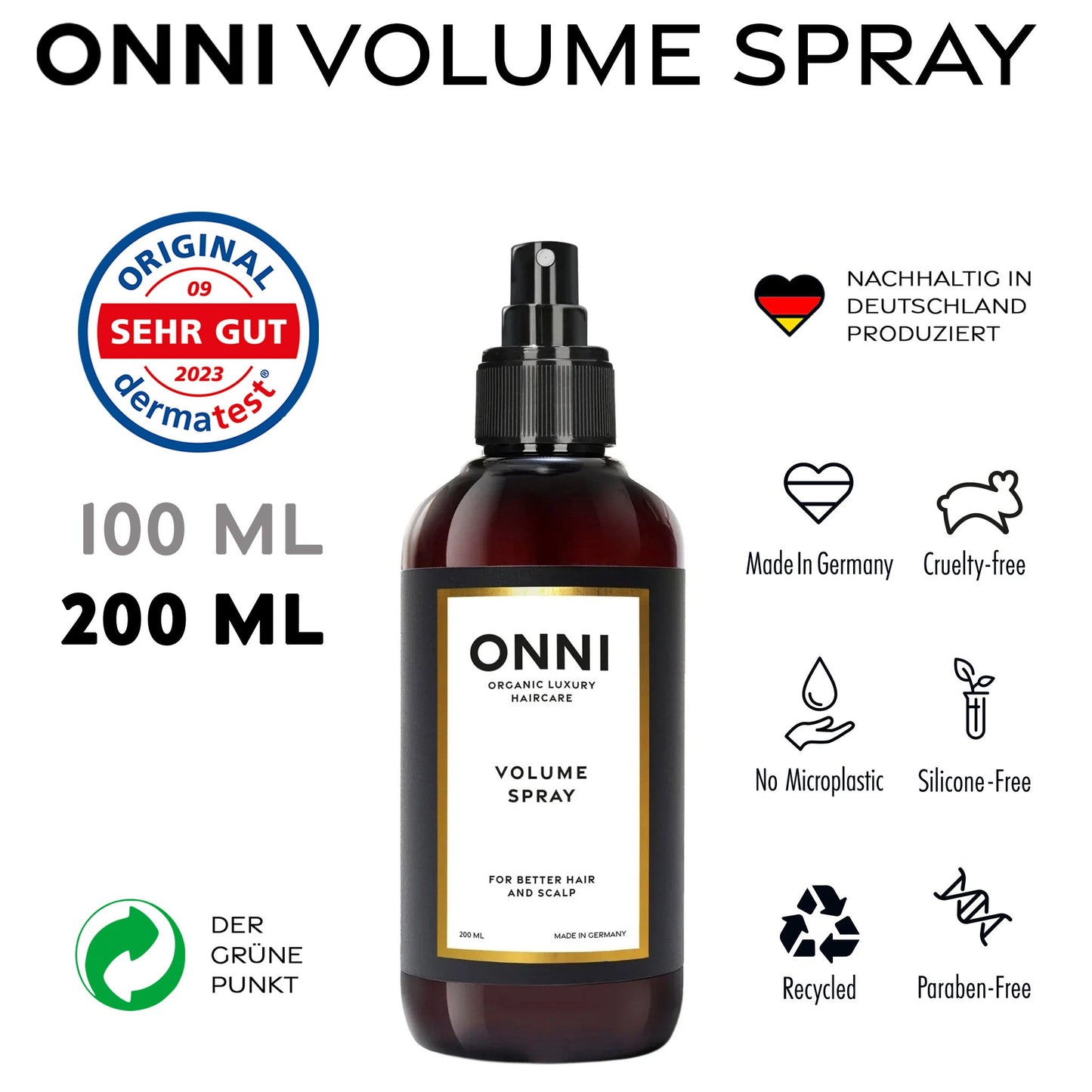 ONNI Volume Spray 200 ml bottle, cruelty-free, silicone-free, made in Germany, offers hair volume and shine.