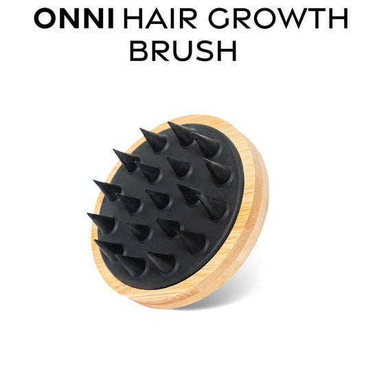 ONNI Hair Growth Brush with silicone-free bristles and ergonomic bamboo handle for scalp massage.