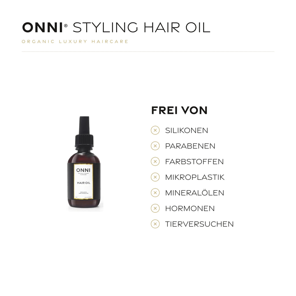 ONNI STYLING HAIR OIL frei von Silikonen, Parabenen, Farbstoffen, Mikroplastik, Mineralölen, Hormonen und Tierversuchen