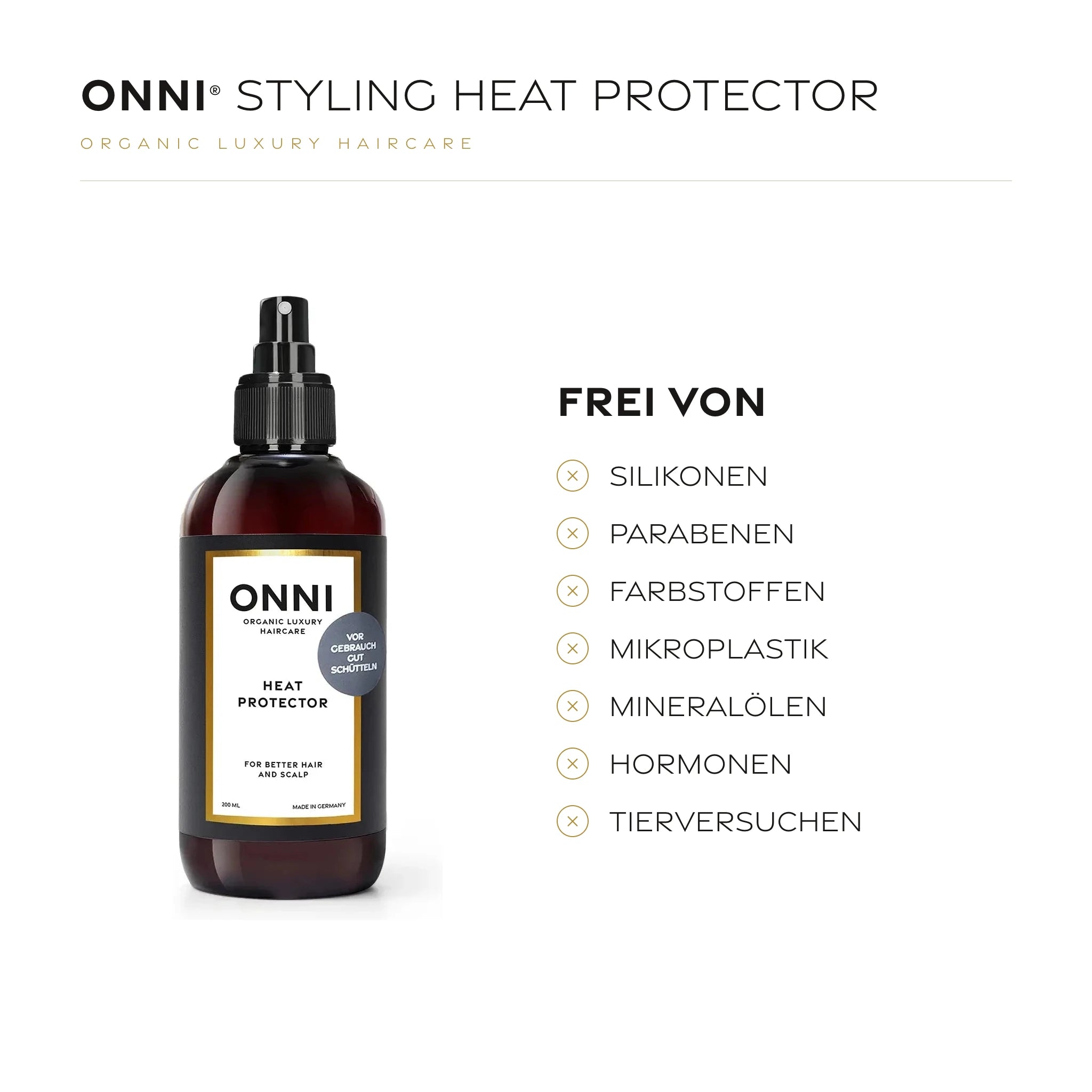 ONNI STYLING HEAT PROTECTOR frei von Silikonen, Parabenen, Farbstoffen, Mikroplastik, Mineralölen, Hormonen und Tierversuchen