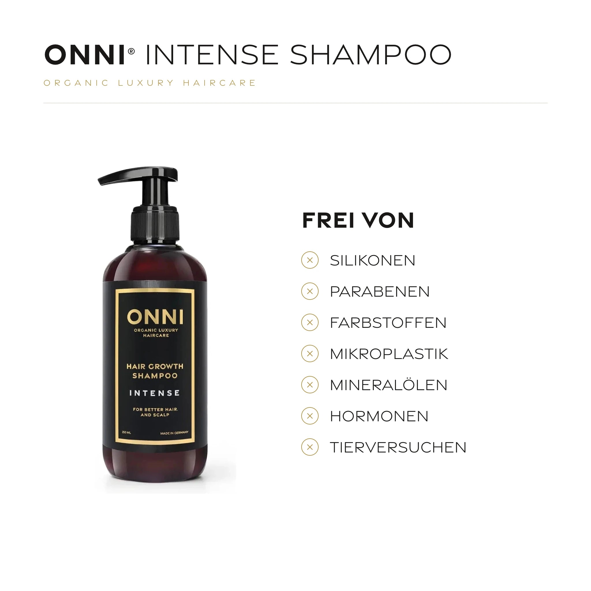 ONNI INTENSE SHAMPOO frei von Silikonen, Parabenen, Farbstoffen, Mikroplastik, Mineralölen, Hormonen und Tierversuchen