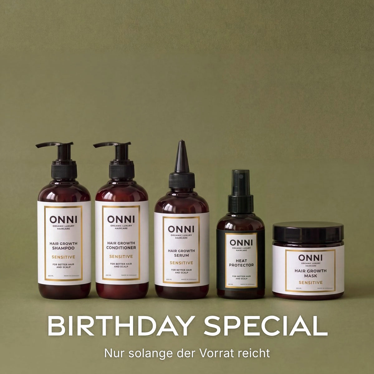 ONNI SENSITIVE 5er Birthday Set: Shampoo, Conditioner, Serum, Heat Protector und Mask