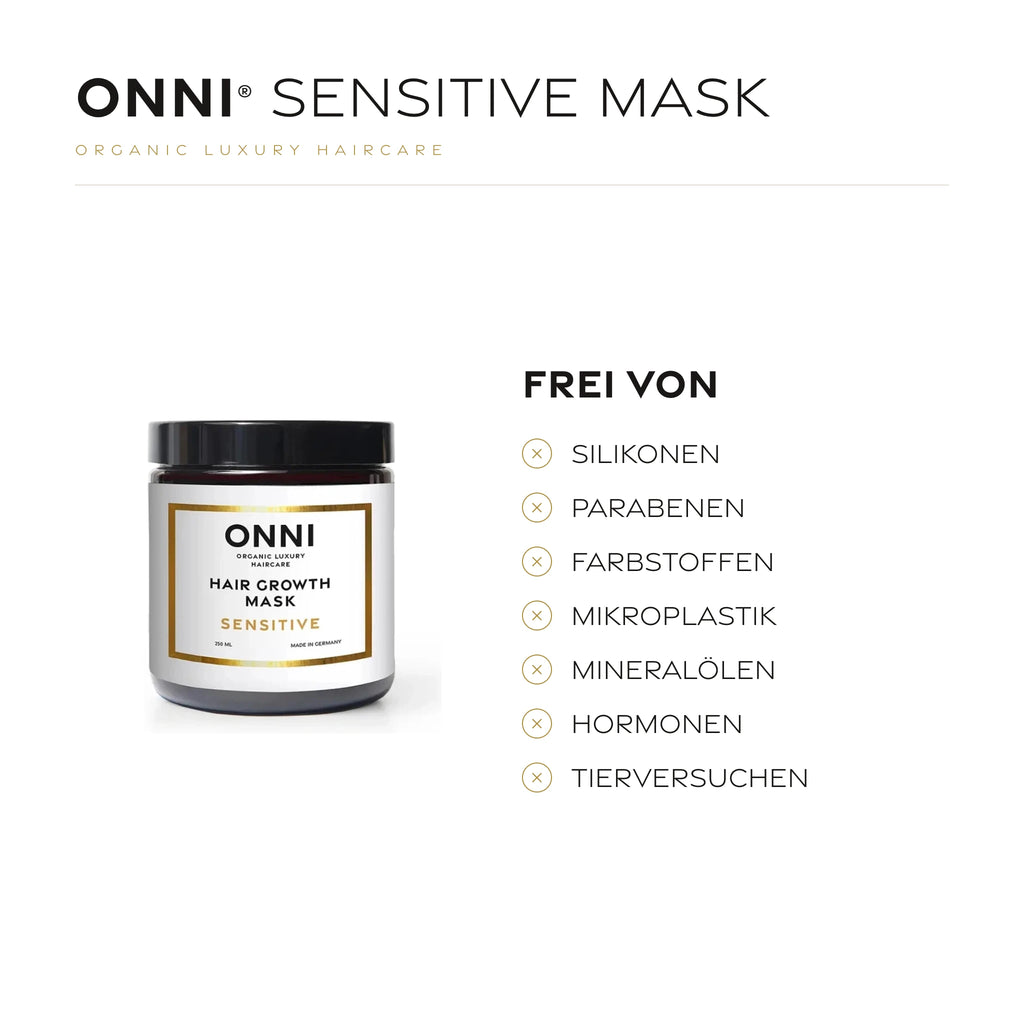 ONNI SENSITIVE MASK frei von Silikonen, Parabenen, Farbstoffen, Mikroplastik, Mineralölen, Hormonen und Tierversuchen