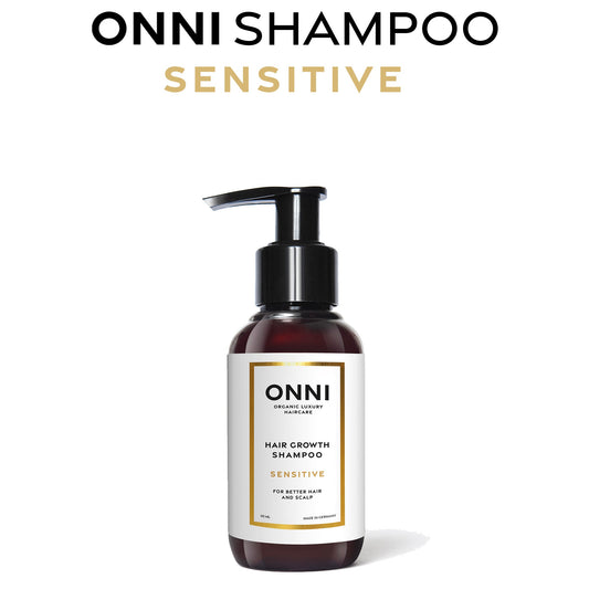 ONNI SENSITIVE Hair Growth Shampoo 100 ml for sensitive scalp, with Follicusan and moisturizing ingredients.