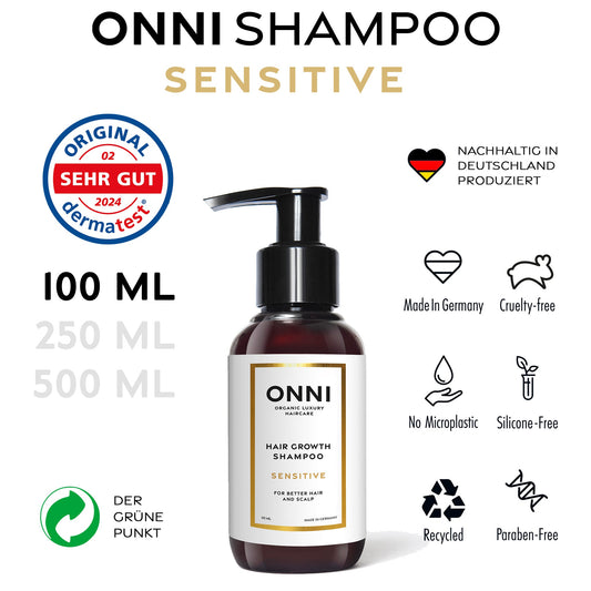 ONNI Sensitive Hair Growth Shampoo 100 ml bottle, cruelty-free, made in Germany, paraben-free, for sensitive scalps.
