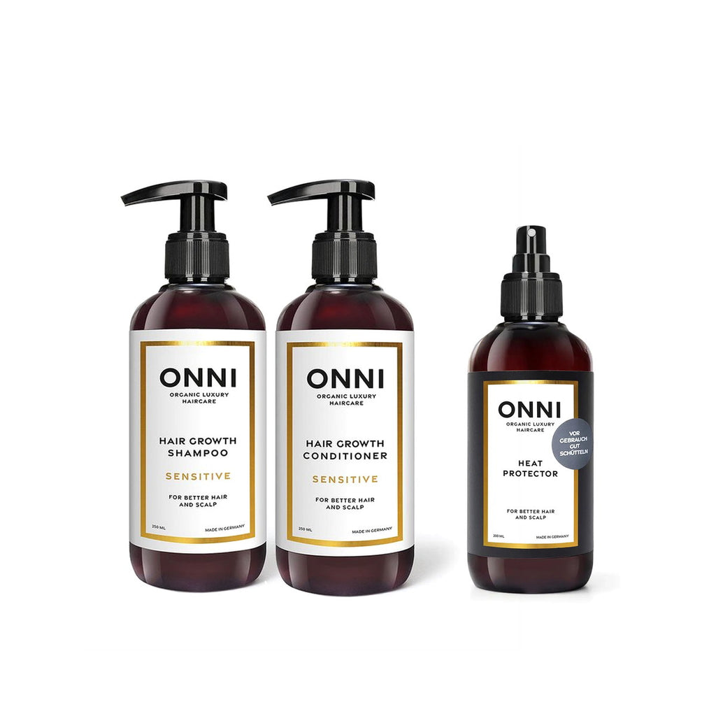 ONNI SENSITIVE Shampoo 250ml, SENSITIVE Conditioner 250ml und Heat Protector 200ml