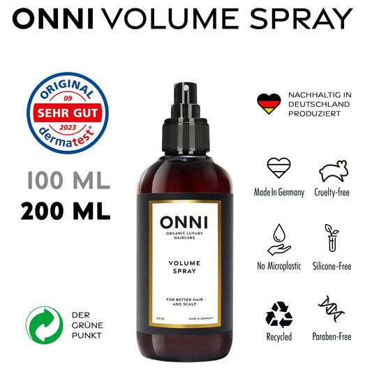 ONNI Volume Spray 200 ml bottle, cruelty-free, silicone-free, made in Germany, offers hair volume and shine.