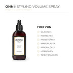ONNI STYLING VOLUME SPRAY frei von Silikonen, Parabenen, Farbstoffen, Mikroplastik, Mineralölen, Hormonen und Tierversuchen
