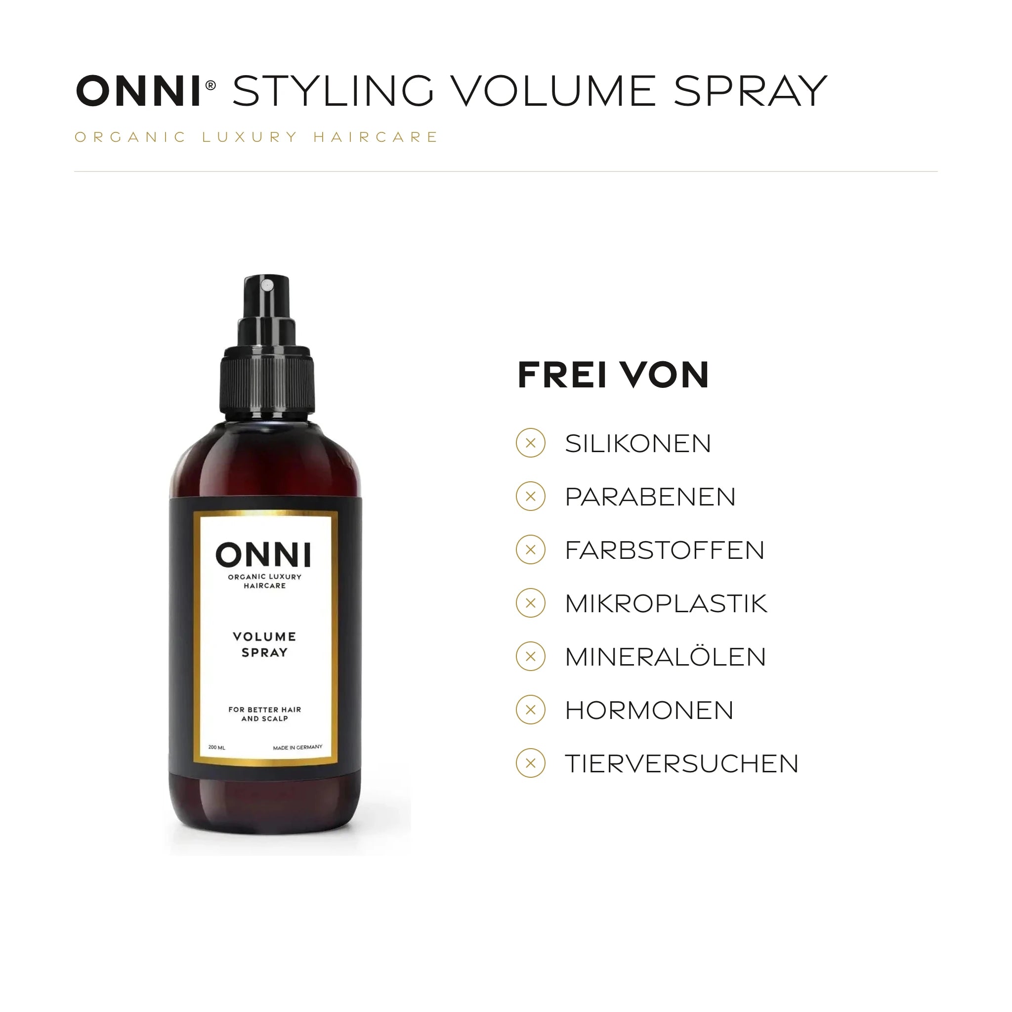 ONNI STYLING VOLUME SPRAY frei von Silikonen, Parabenen, Farbstoffen, Mikroplastik, Mineralölen, Hormonen und Tierversuchen